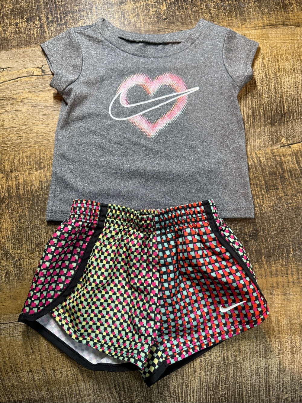Nike Gray Heart Tee with Multi-Color Checkered Shorts